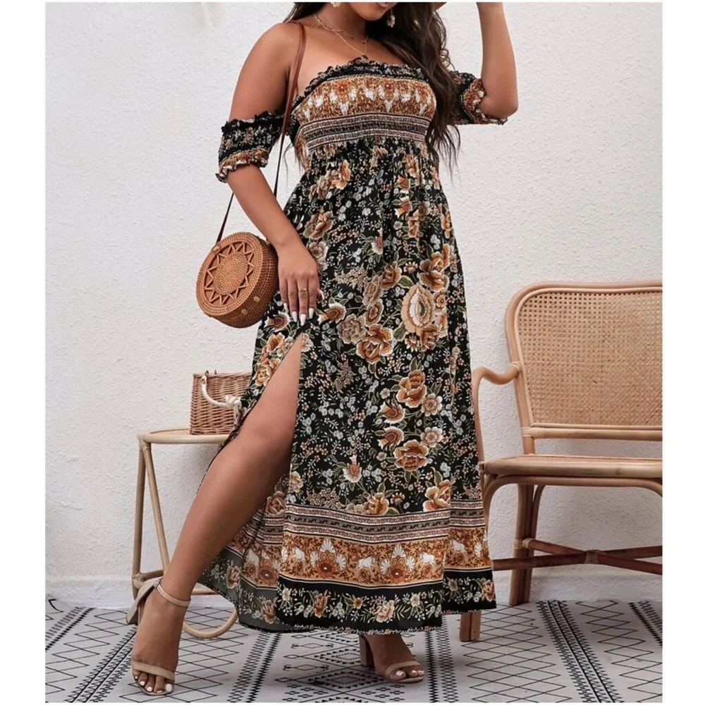 Boho Plus Floral Print Off Shoulder Maxi Dress - Picture 5 of 8